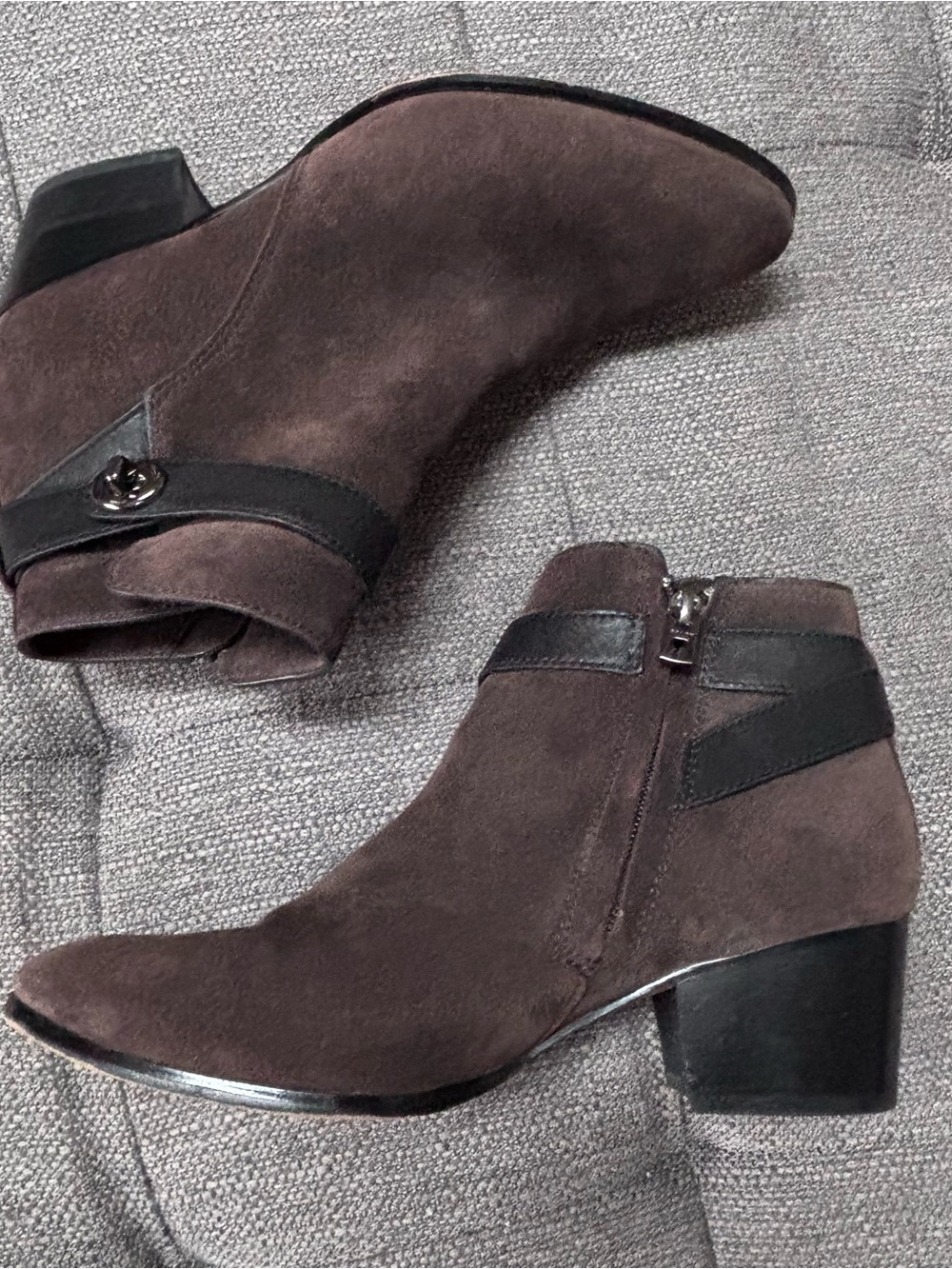 Coach Brown Suede Ankle Booties with Black Trim Women’s 7.5 Leather